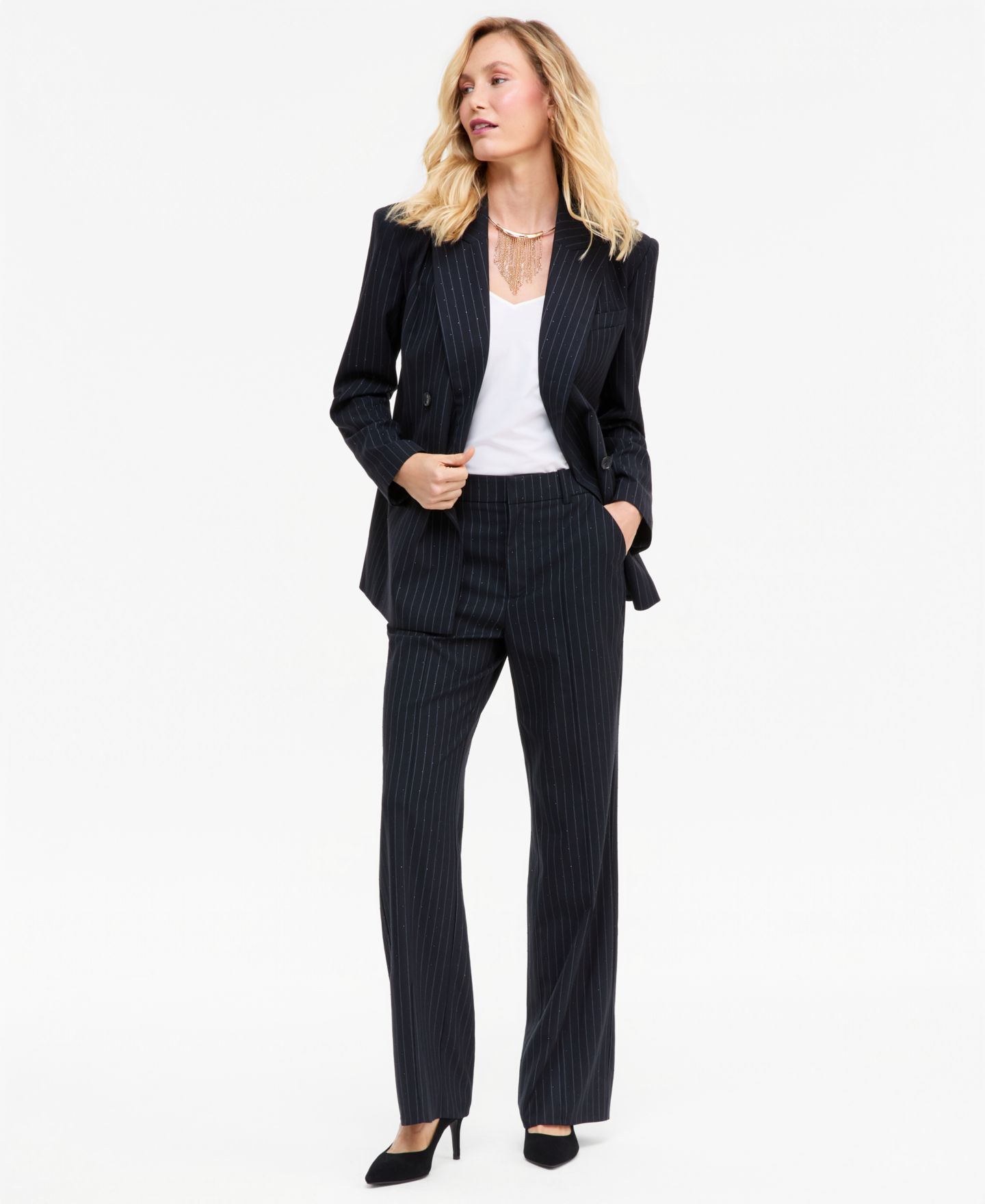Женские брюки I.N.C. International Concepts Crystal Embellished Pinstripe Wide-Leg, цвет: Индиго ночной — фото 4