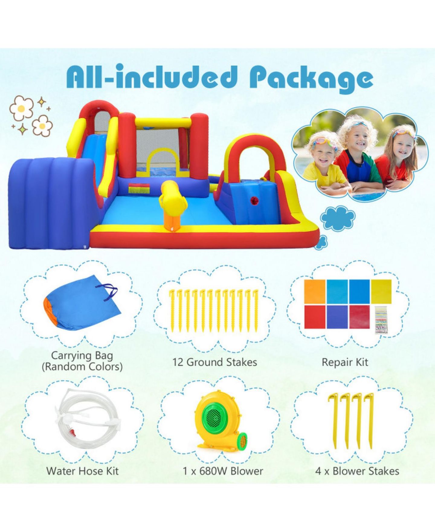Детские игрушки HONGGE 7-in-1 Outdoor Bounce House with Dual Slides & 680W Blower, Accommodates 2 Kids, Ages 3-12, цвет: Красный / Жёлтый — фото 7