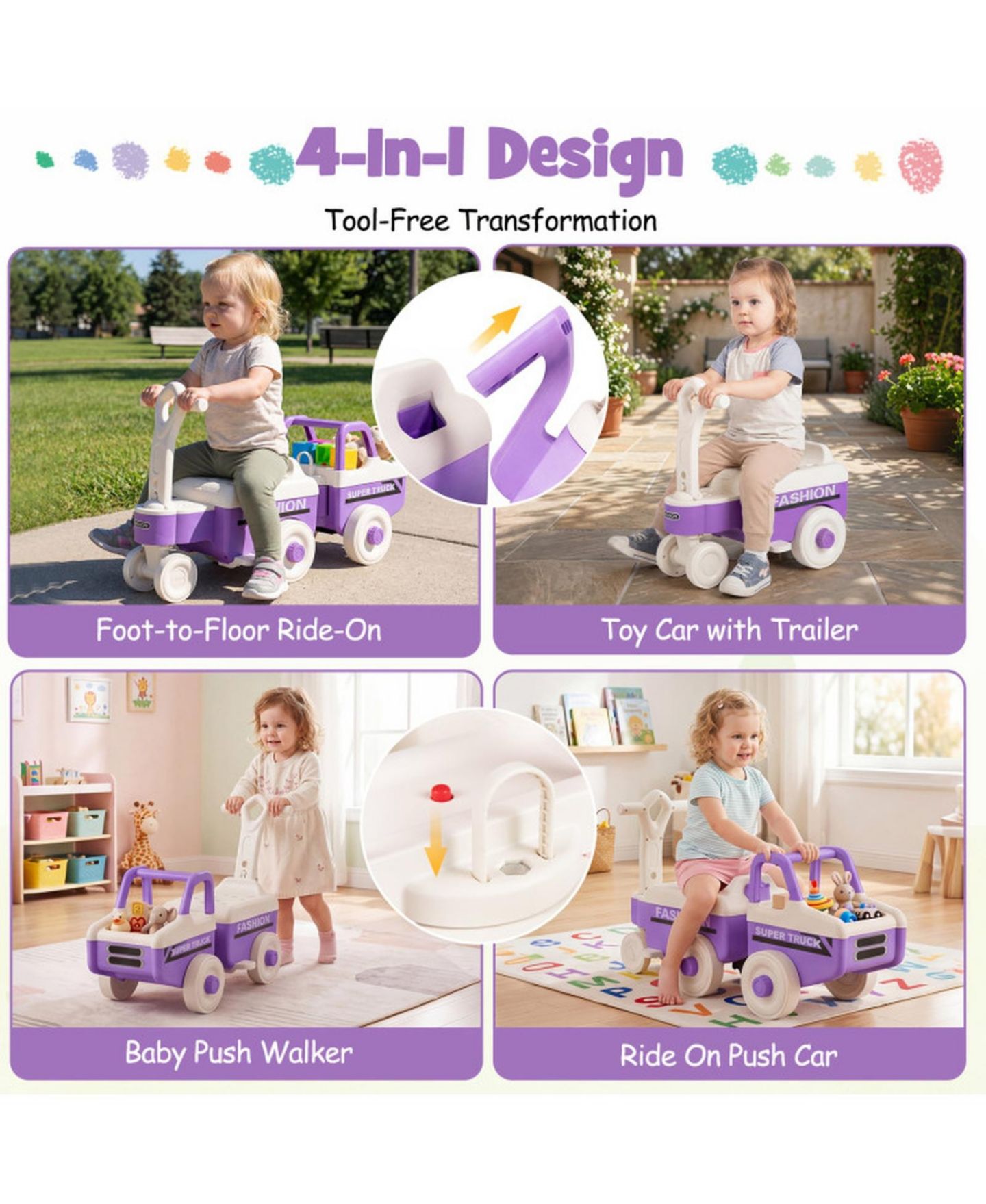 Детская игрушка HONGGE 4-in-1 Ride-On Push Car with Detachable Cargo Trailer & Music, 45 lbs Capacity, Ages 18 Months+, цвет: Фиолетовый — фото 7