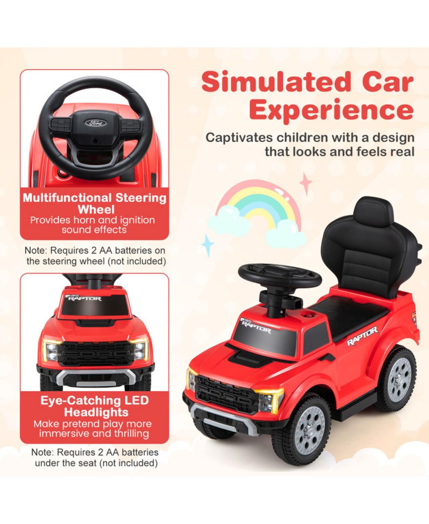 Детская игрушка HONGGE 3-In-1 Toddler Push Car with Detachable Handlebar, 55 lbs Capacity, Ages 18-36 Months, цвет: Красный — фото 4