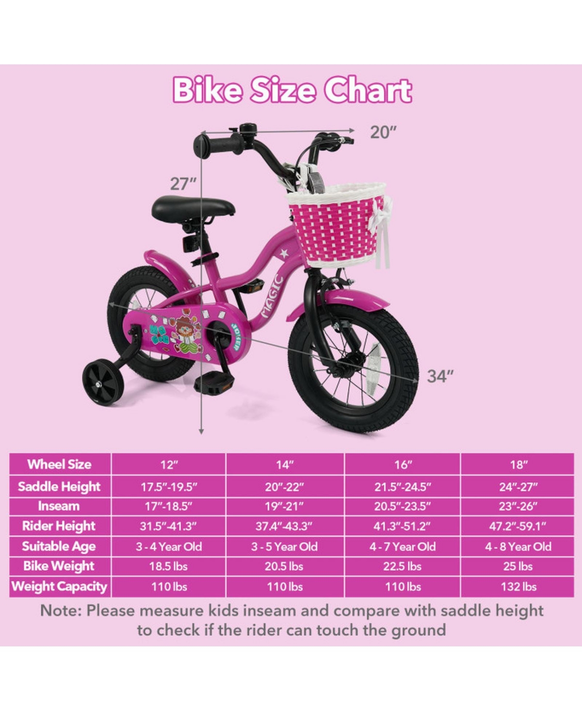 Hongge 12-Inch Kids' Bike with Detachable Training Wheels and Adjustable Seat, 110 lbs Capacity, Ages 3–8