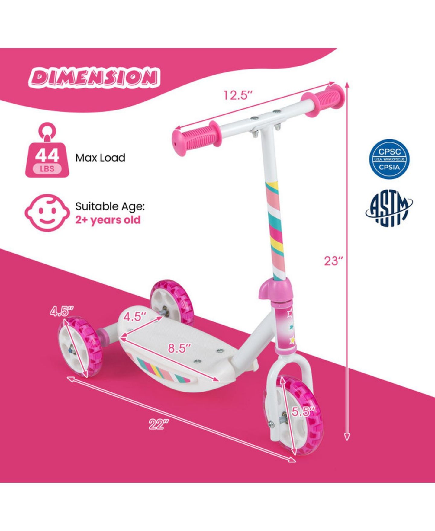 Детская игрушка HONGGE Toddler 3-Wheel Kick Scooter with LED Light-Up Wheels, 44 lbs Capacity, Ages 2+, цвет: Розовый / Белый — фото 3