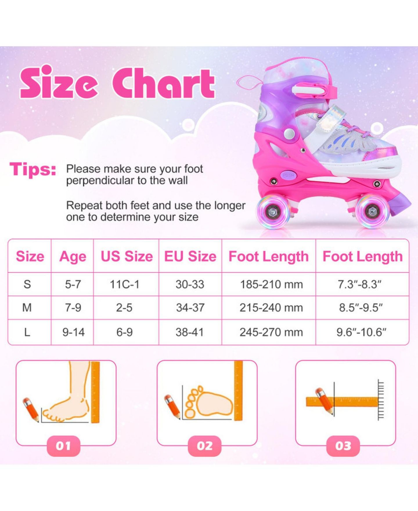 Детские игрушки HONGGE Light-Up Wheels Adjustable Reinforced Brake Roller Skates, Sizes 11C-1, Ages 5-7, цвет: Розовый — фото 2