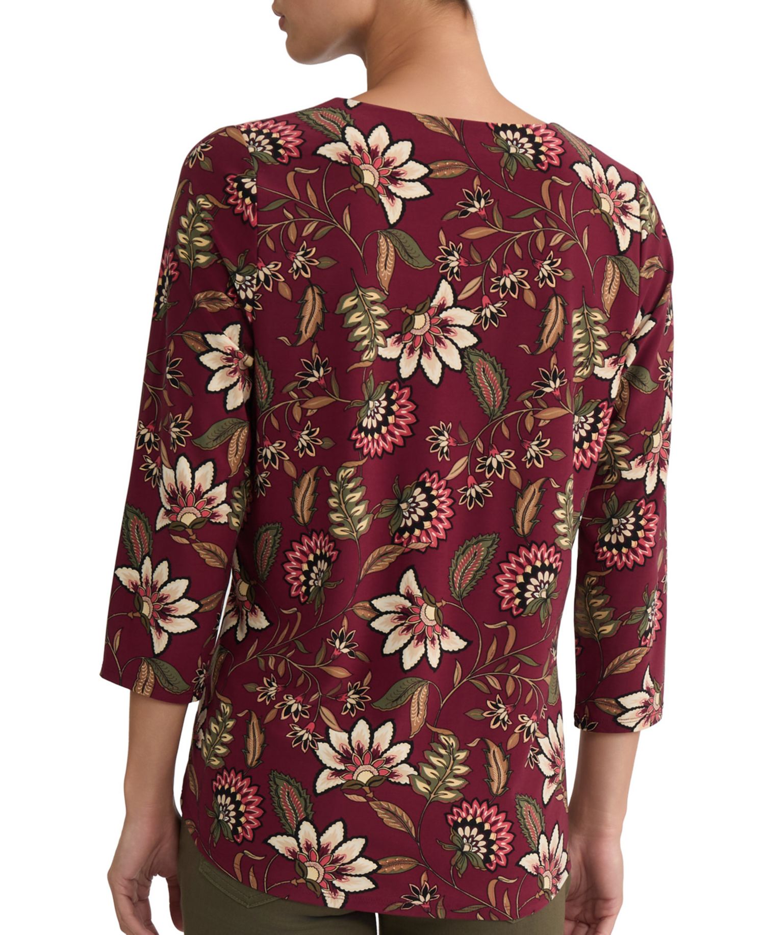 Women's Floral-Print V-Neck 3/4-Sleeve Buckle Trim Blouse