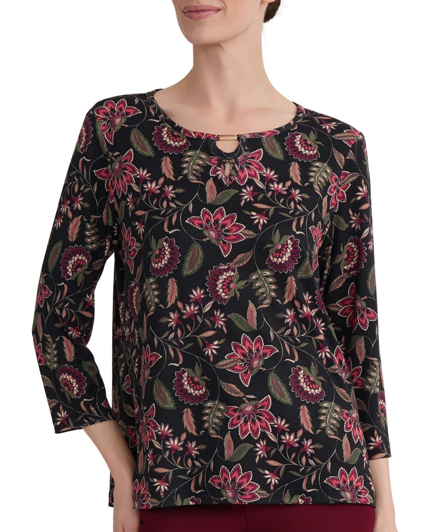 Petite Keyhole 3/4-Sleeve Floral-Print Knit Blouse