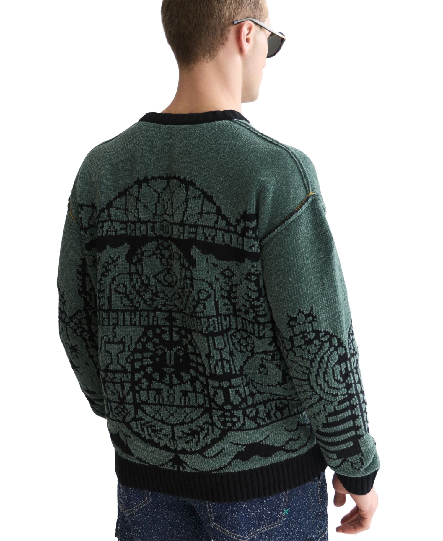 Men's Chenille Jacquard Wool-Blend Dropped Shoulder Crewneck Sweater