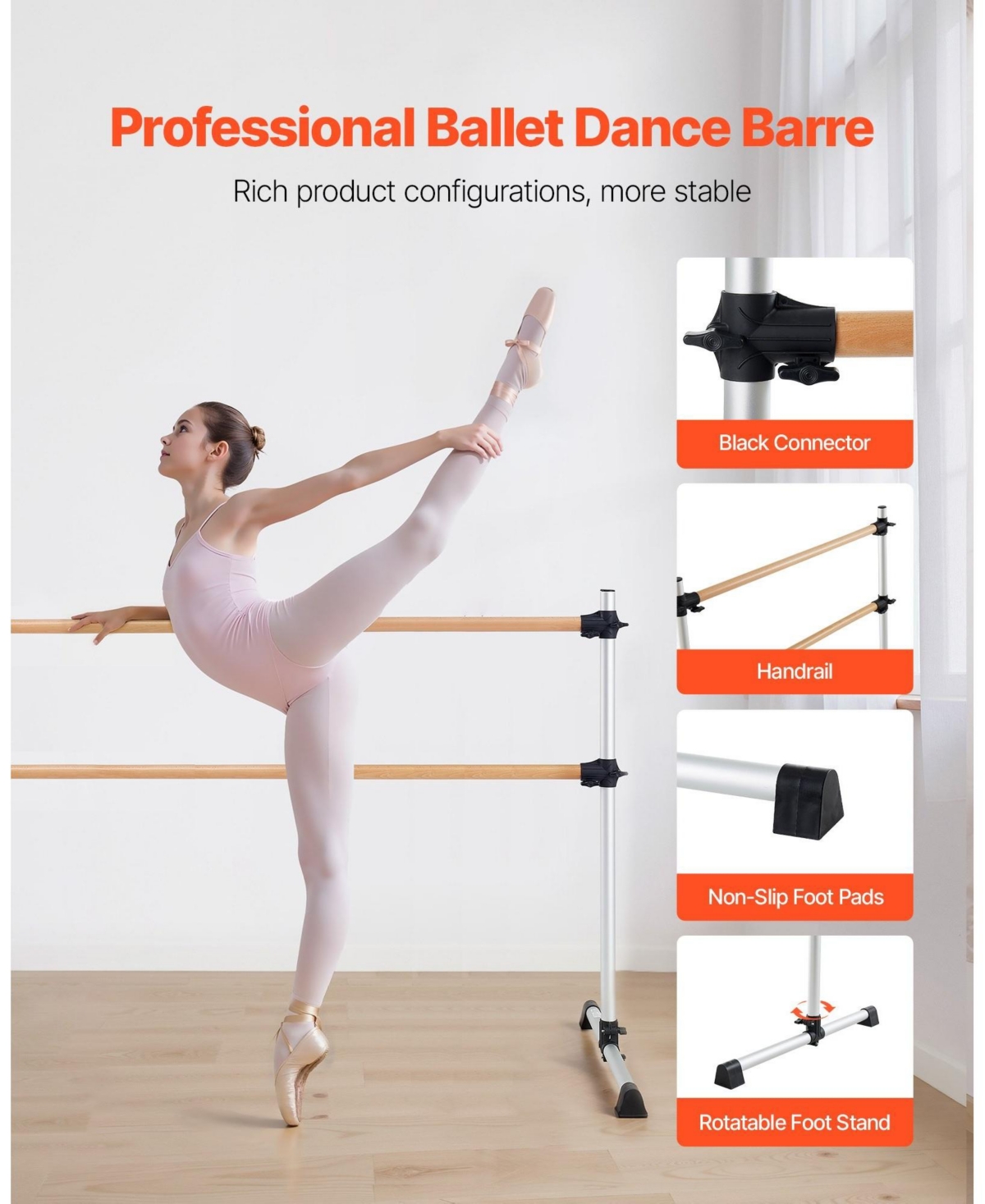 Sugift 6 Ft Double Ballet Barre Freestanding Portable Height Adjustable Anti-Wobble for Pilates Workout