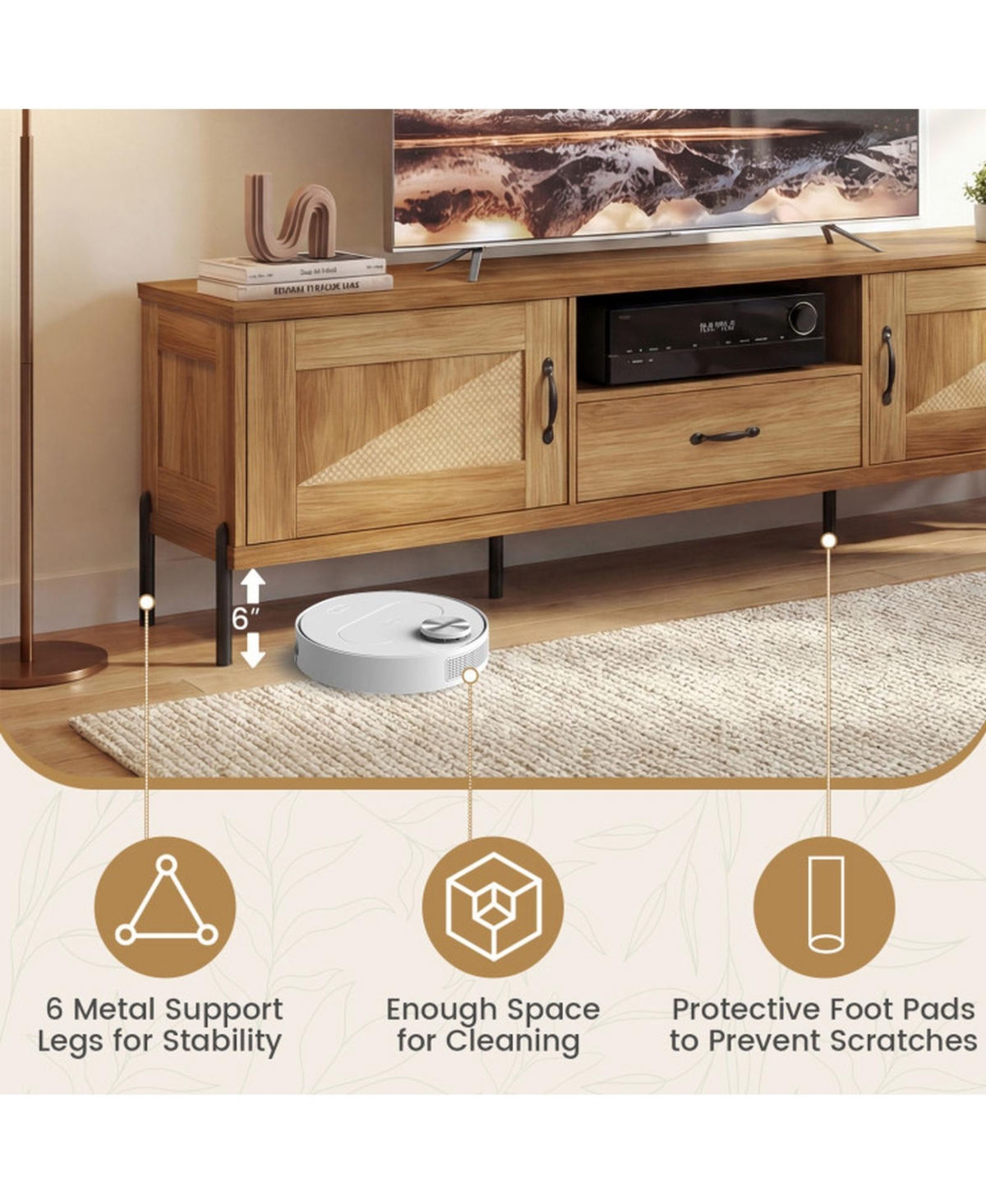 Sugift Rattan Tv Stand for 80-Inch TVs with 2 Cabinets Drawer and Open Shelf
