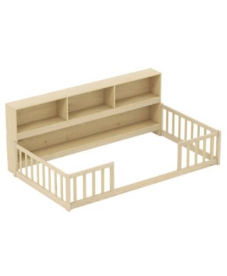 Twin Size Montessori Floor Bed with Attached Bookcase and Fence Rails