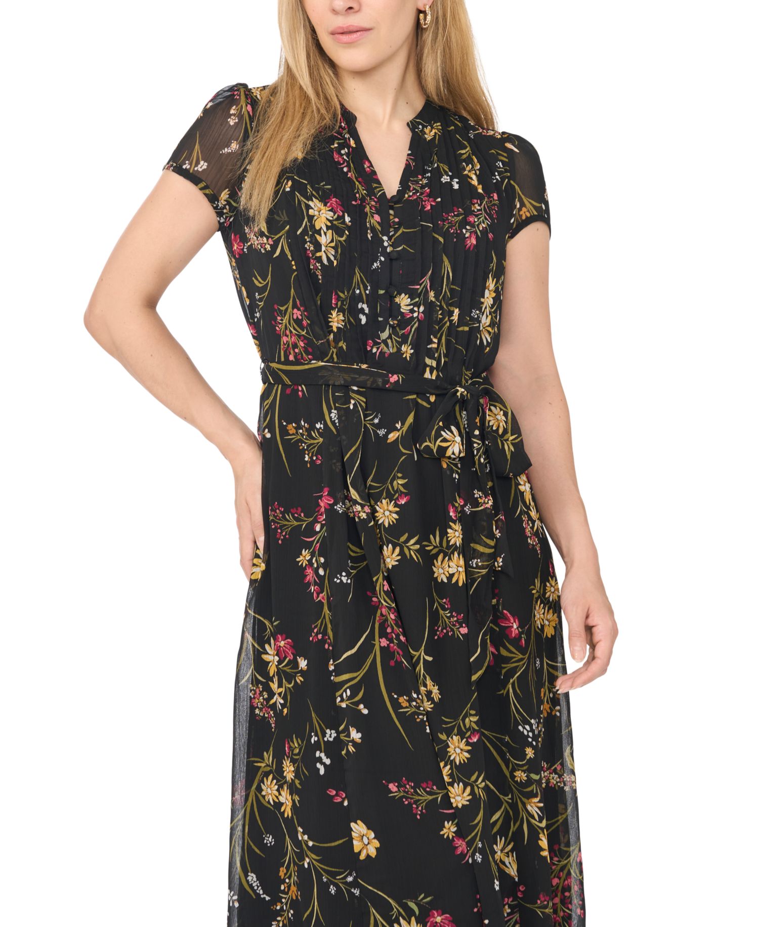 Petite Pintuck Floral-Print A-Line Midi Dress