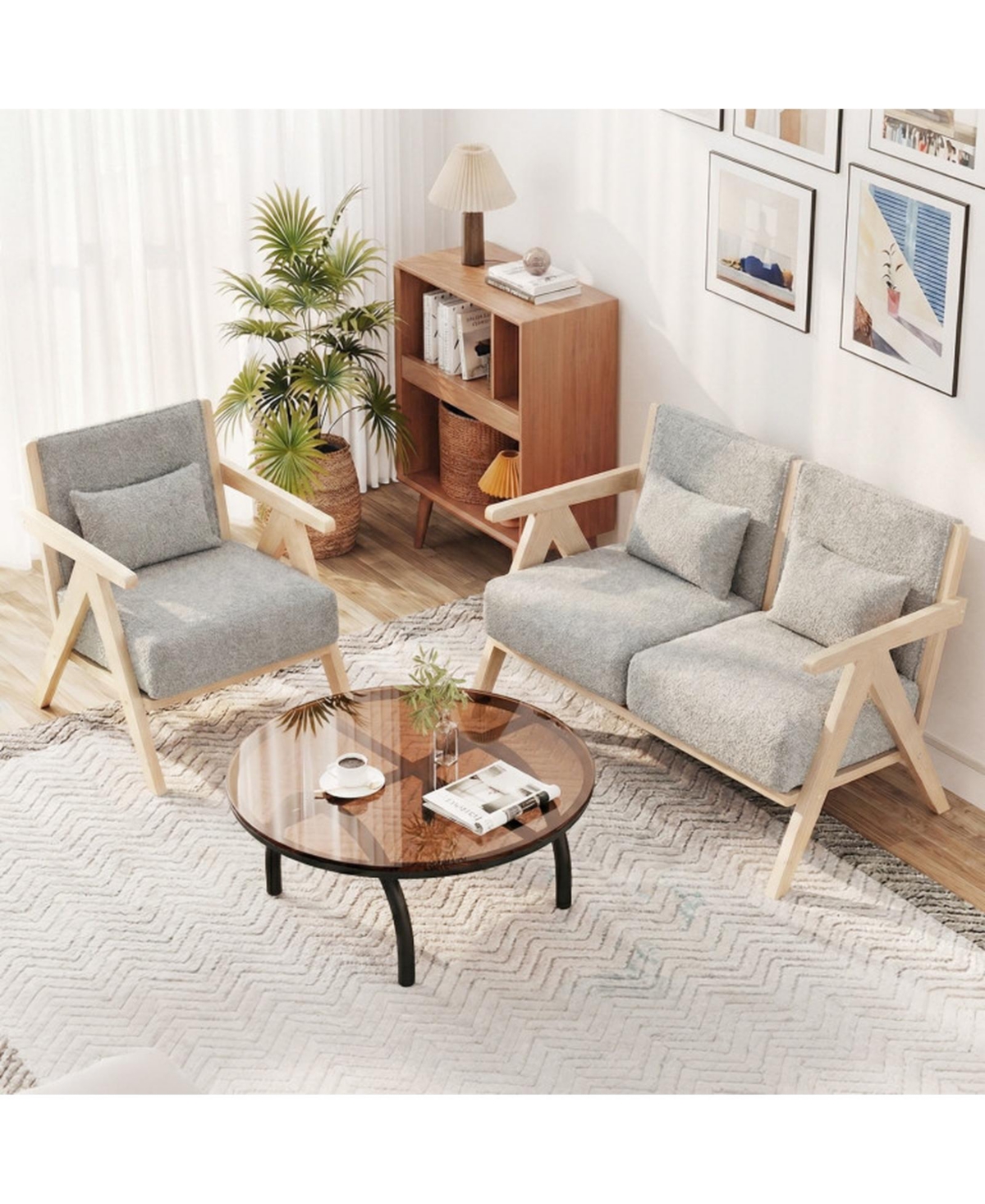 Sugift 2-Piece Living Room Sofa Set with Rubber Wood Frame and Pocket Spring Cushions