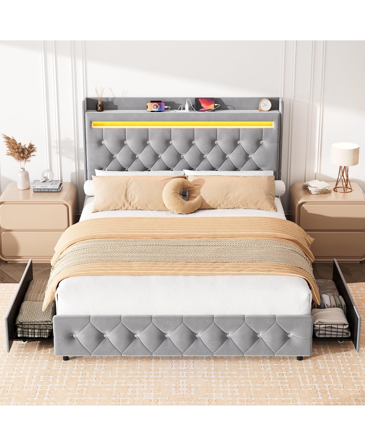 homfan Upholstered Led Bed Frame, Storage Headboard, Charging Station and 2 Drawers, Velvet Princess Platform for Kids, Support