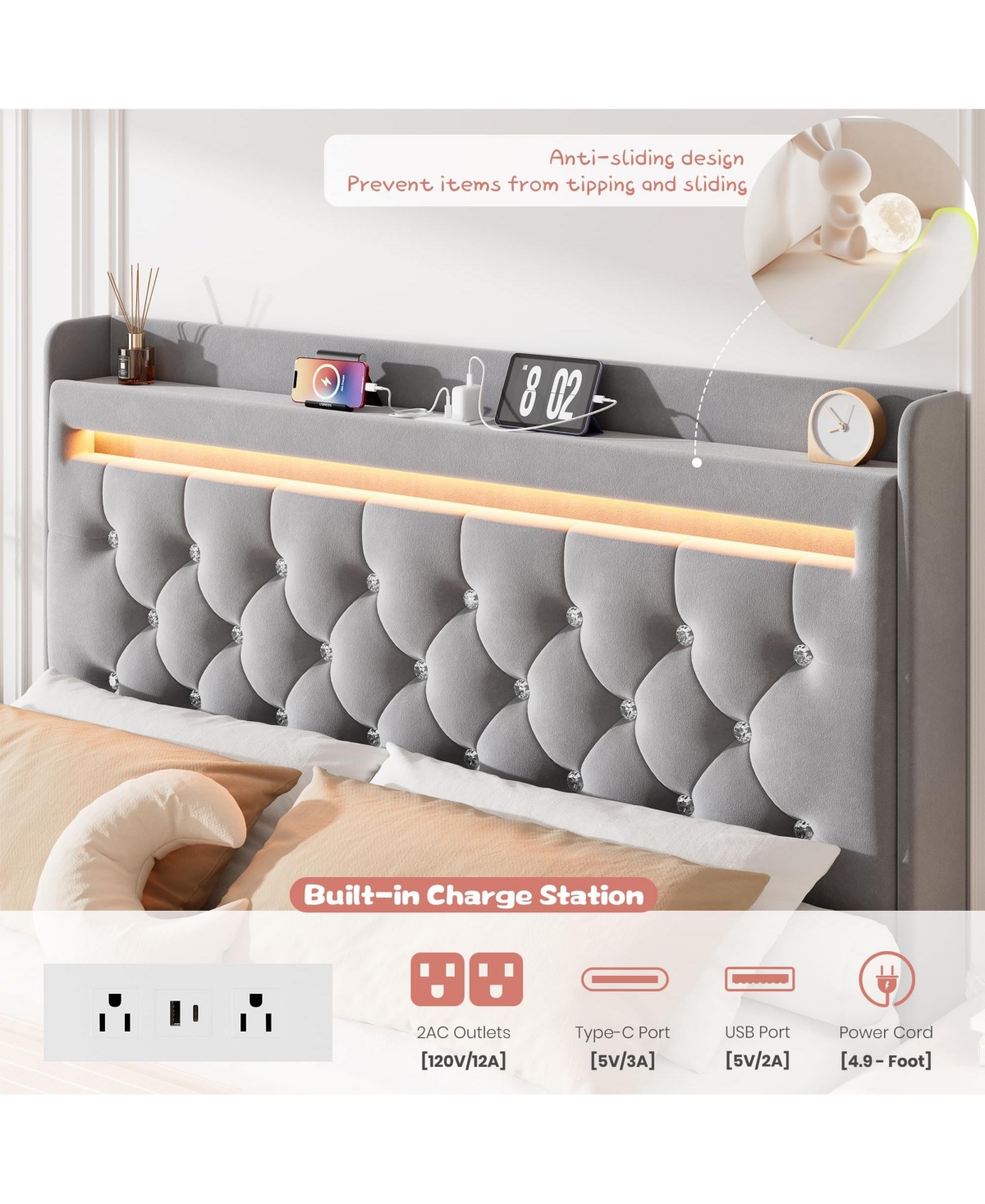 homfan Upholstered Led Bed Frame, Storage Headboard, Charging Station and 2 Drawers, Velvet Princess Platform for Kids, Support