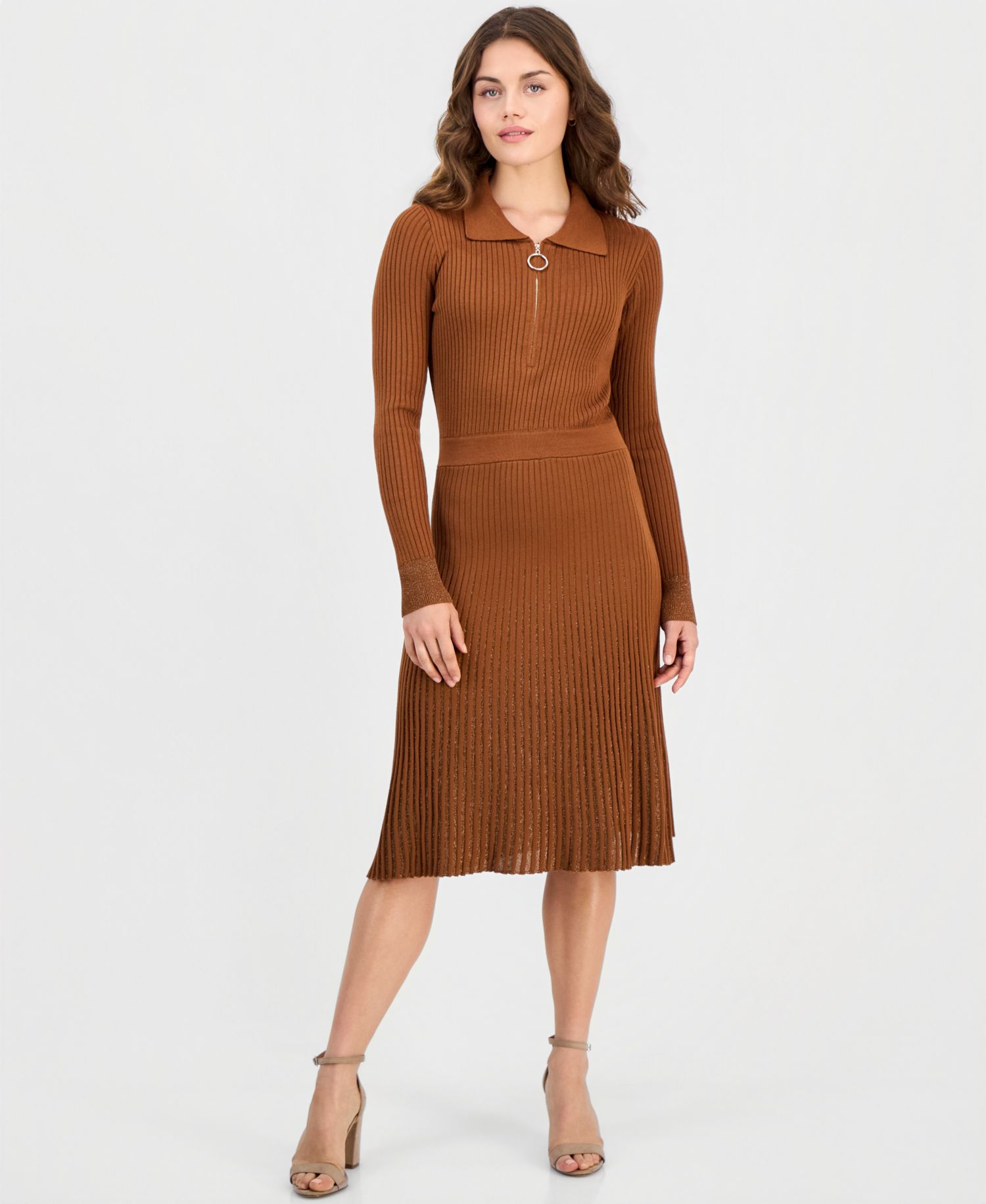Women's Lurex Ribbed-Knit Zip-Front Midi Dress