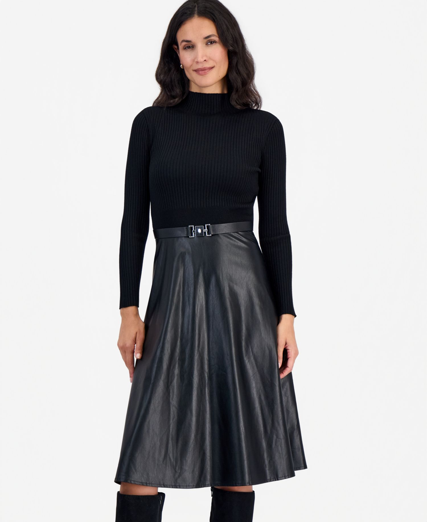 Petite Mockneck Long-Sleeve Belted Dress