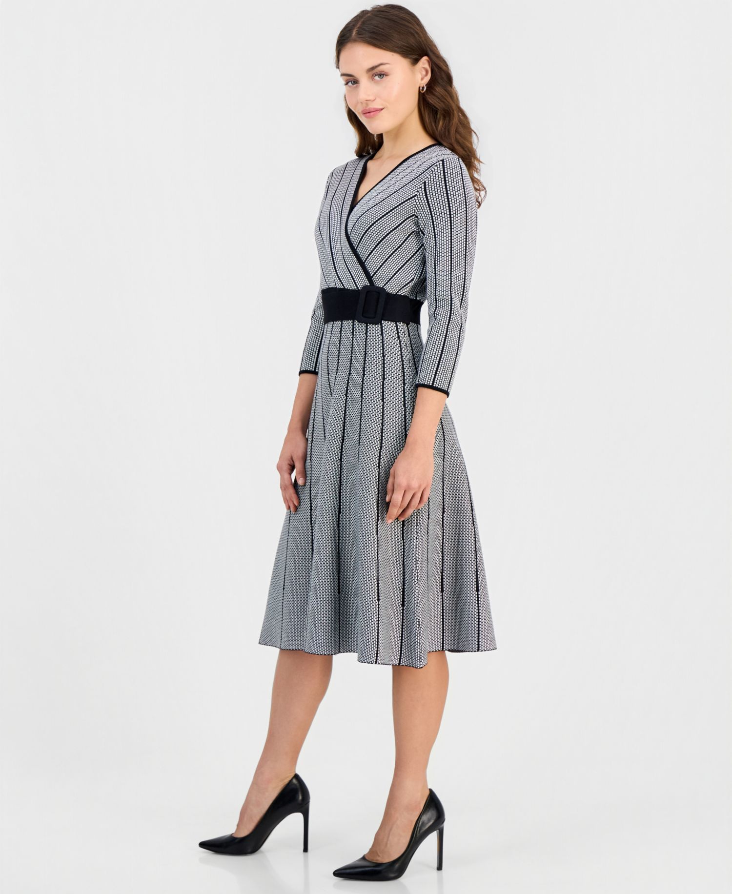 Women's Surplice Jacquard Belted V-Neck 3/4 Sleeve Fit & Flare Midi Dress