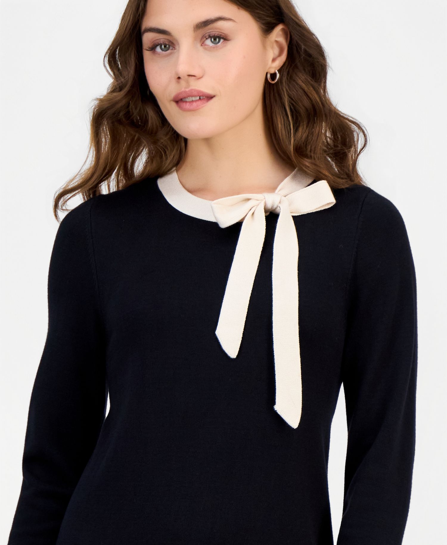 Petite Bow-Trim-Neck Long-Sleeve Glitter Sweater Dress
