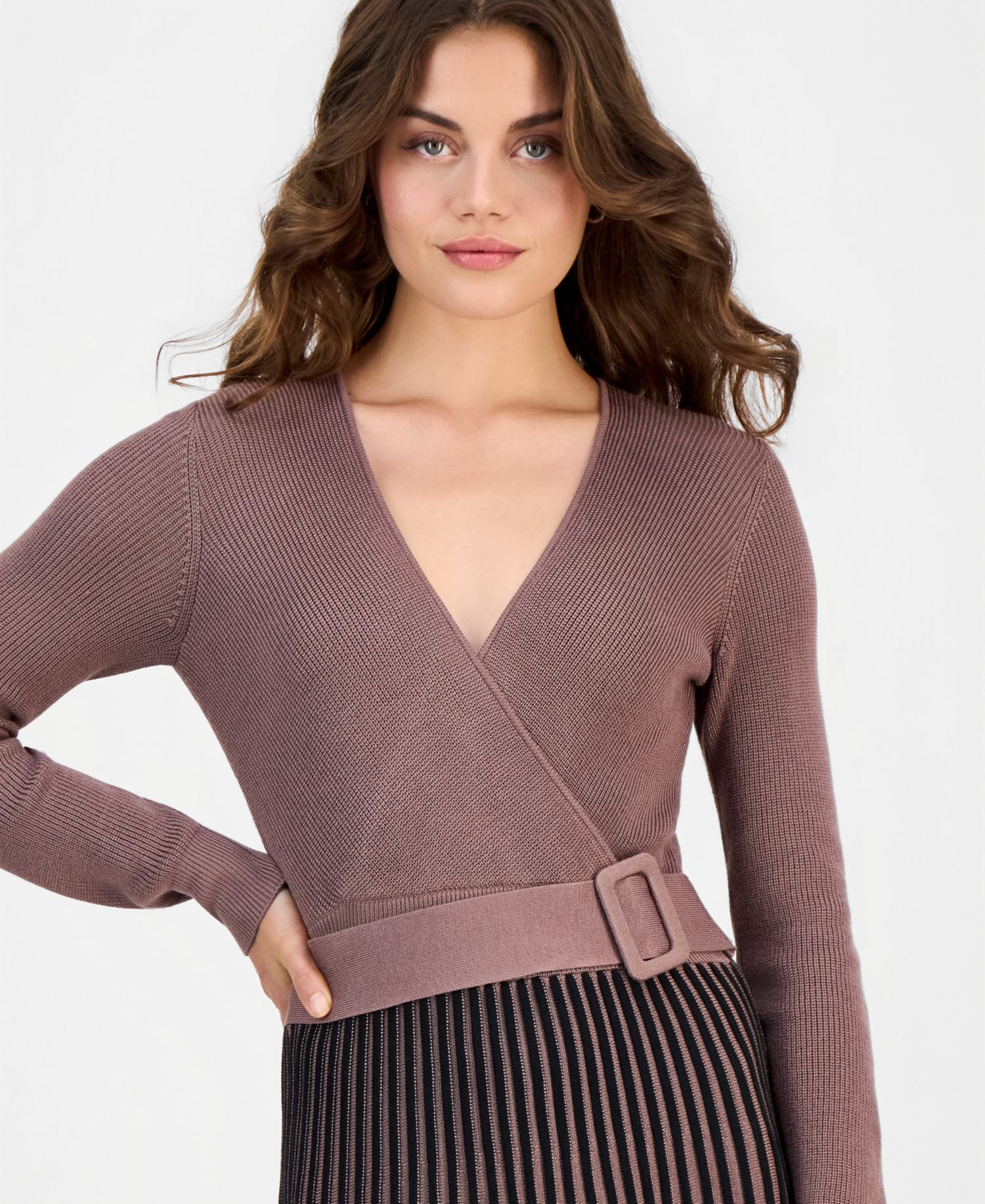 Petite Two-Tone Belted Sweater Dress
