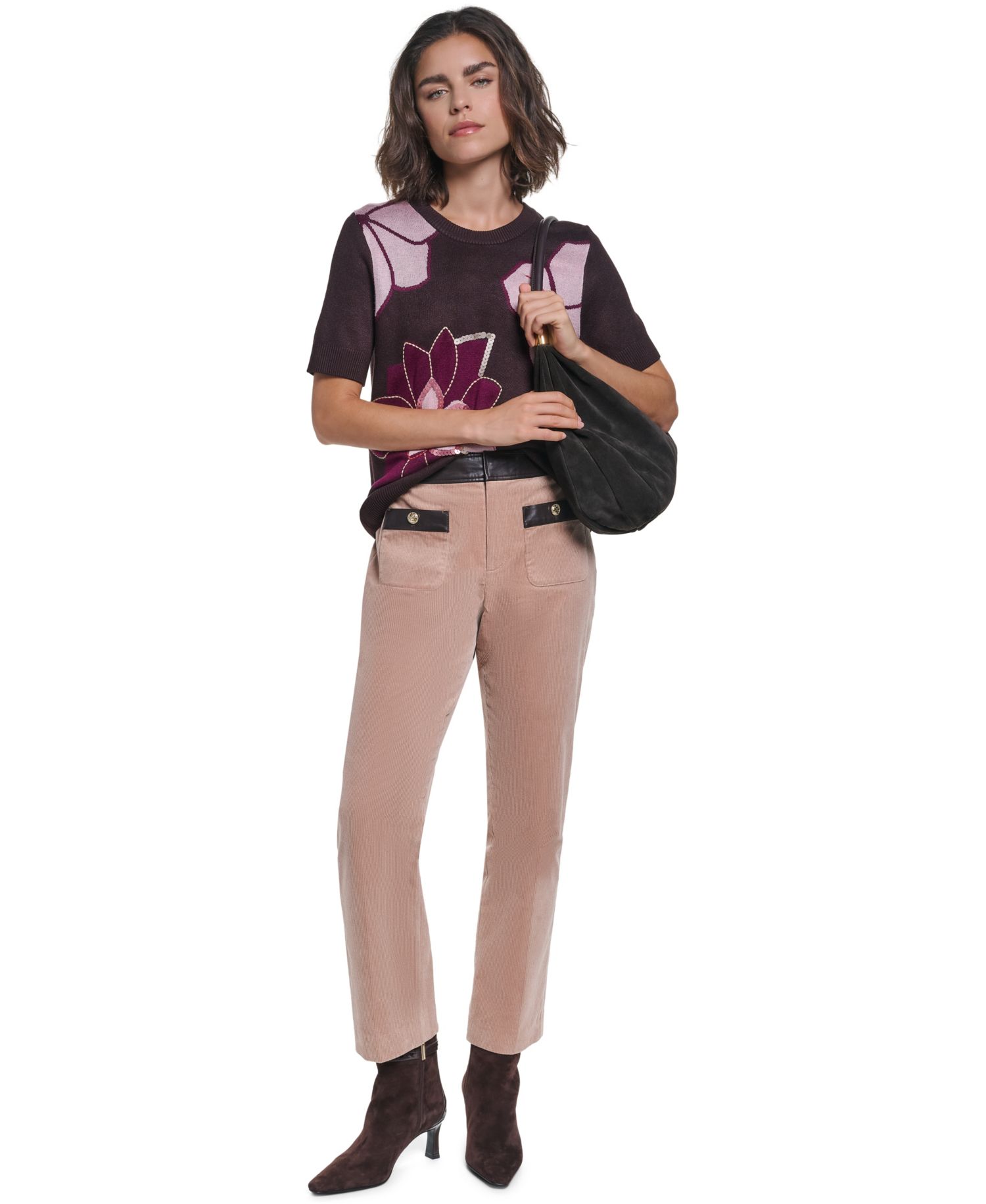 Petite Floral-Print Short-Sleeve Embellished Sweater