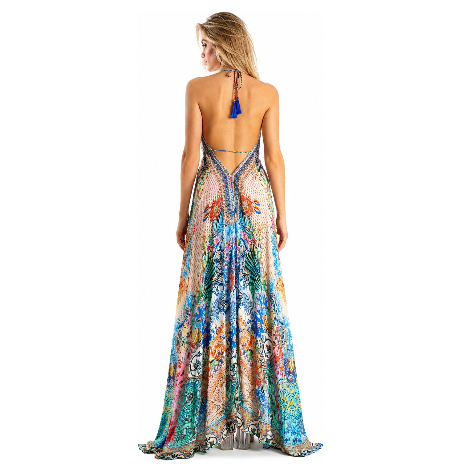 Women's Patchwork Floral and Geo Halter Plunge Maxi Dress