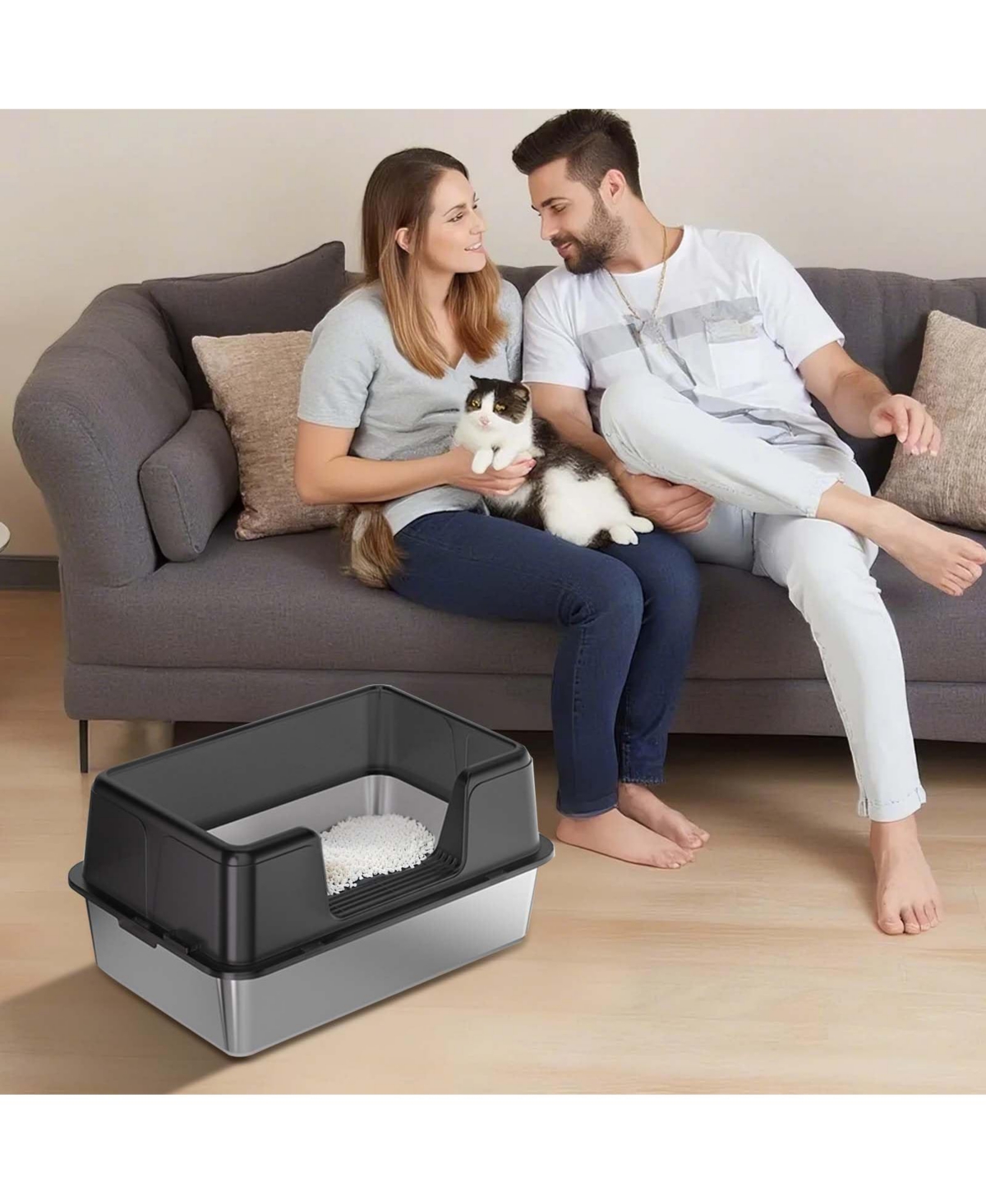 homfan Stainless Steel Litter Box, Extra Large, High Sides, Removable Tray, Non-Slip Mat, Scooper Included