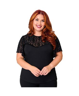 Plus Size Mesh Yoke Flutter Sleeve Sweetheart Top