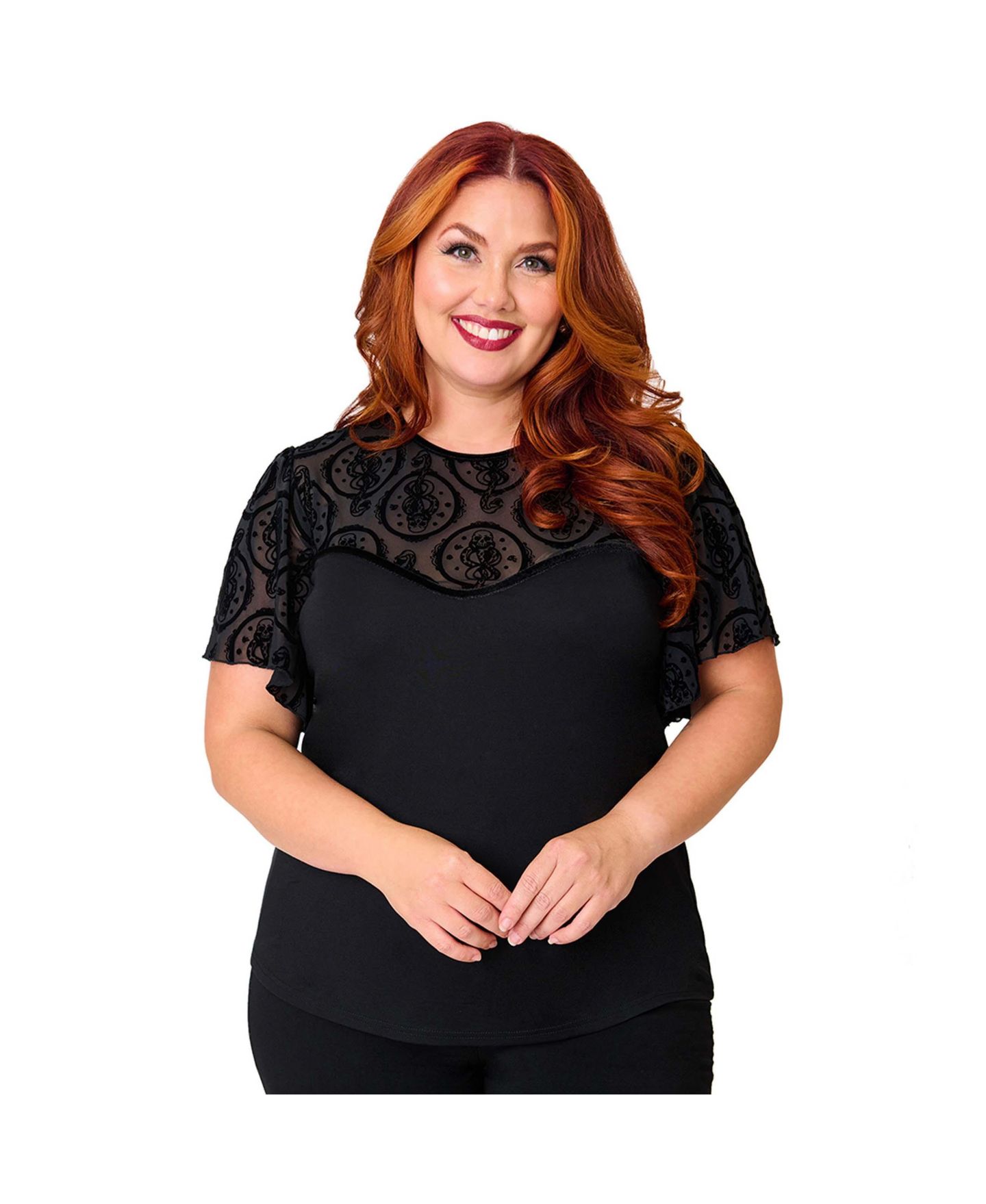 Женский топ Unique Vintage Plus Size Mesh Yoke Flutter Sleeve Sweetheart, цвет: Чёрный однотонный — фото 1