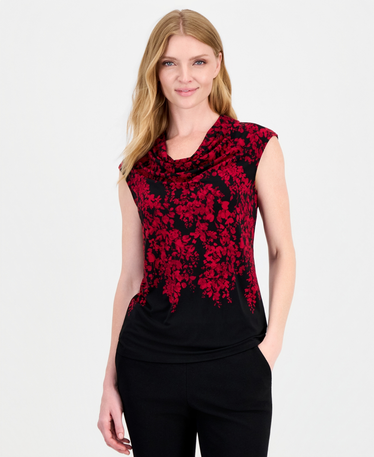 Kasper Women's Drape Front Cowl-Neck Cap-Sleeve Floral-Print Cami