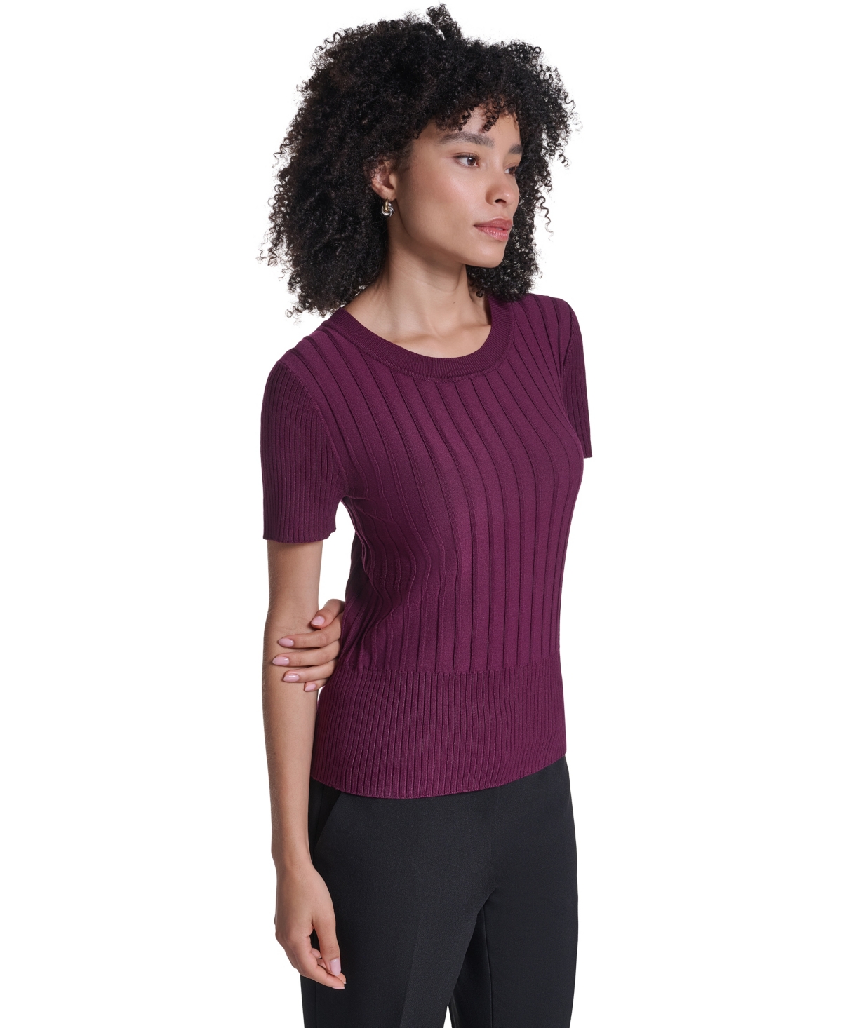 Karl Lagerfeld Paris Petite Ribbed Crewneck Short-Sleeve Sweater