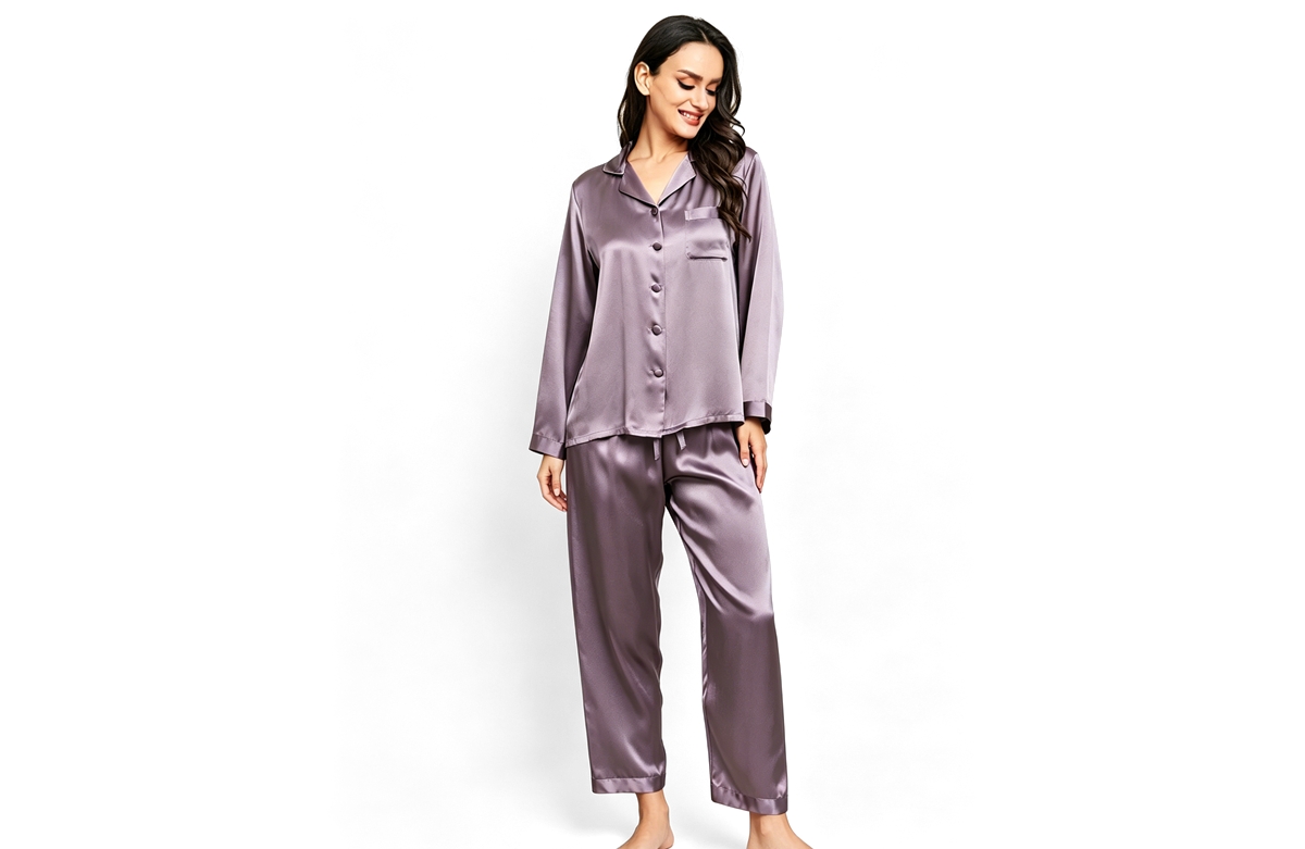 SilkSilky Women's Long Sleeve Button-Up Satin Pajama Set - Pastel Purple