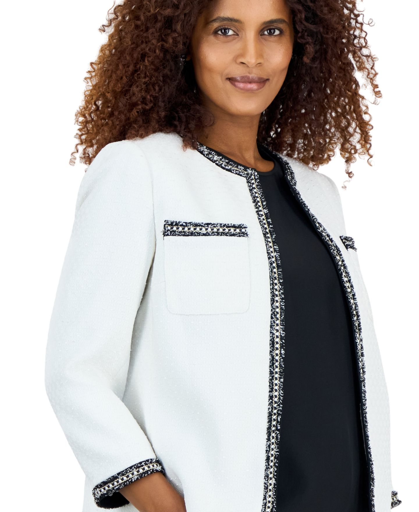 Женская куртка Kasper Tweed Contrast Trim Patch Pocket Cardigan, цвет: Ванильный ледяной / Чёрный — фото 3