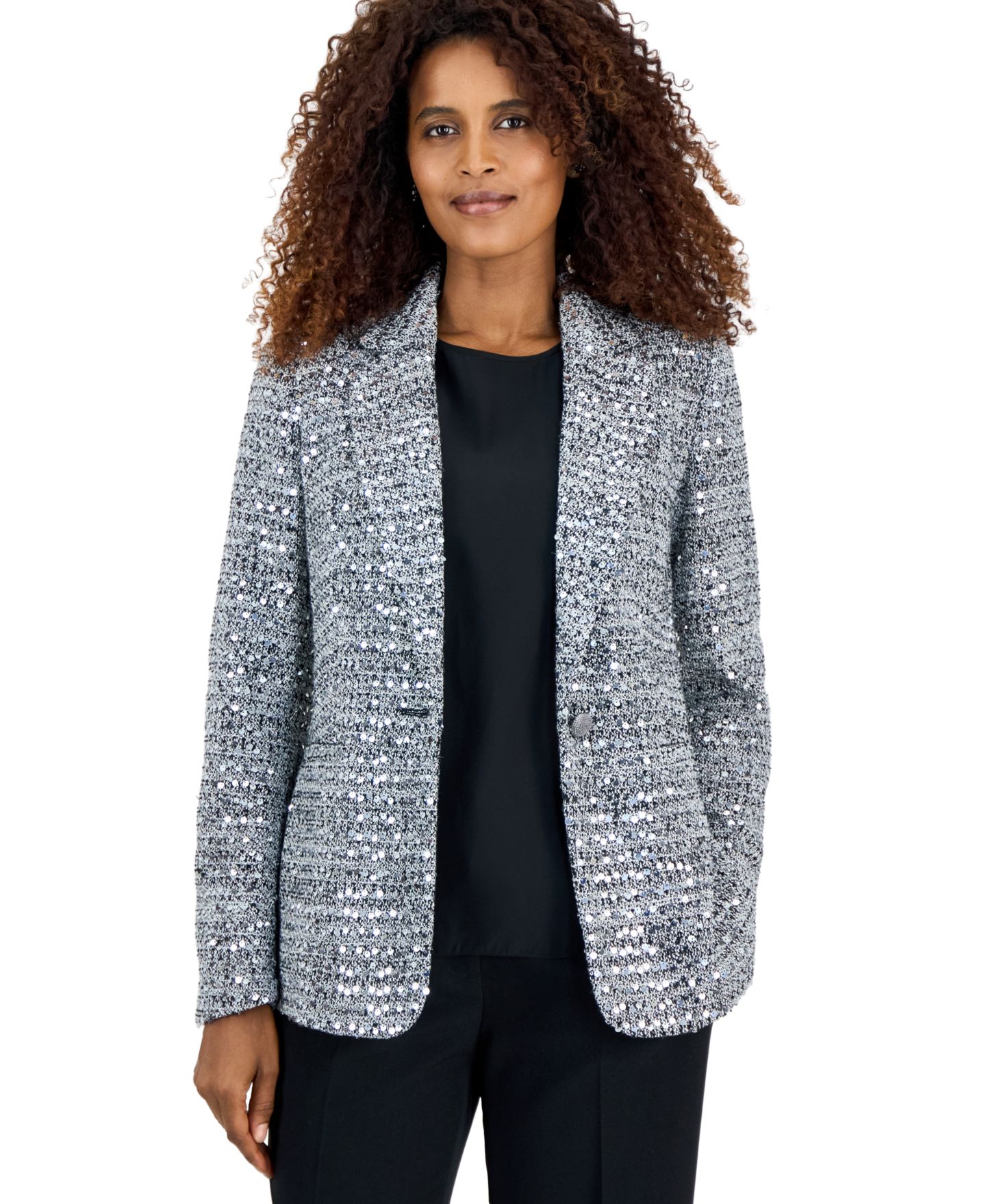 Женский пиджак Kasper Sequin One Button Welt Pocket, цвет: Серебряный разноцветный — фото 1