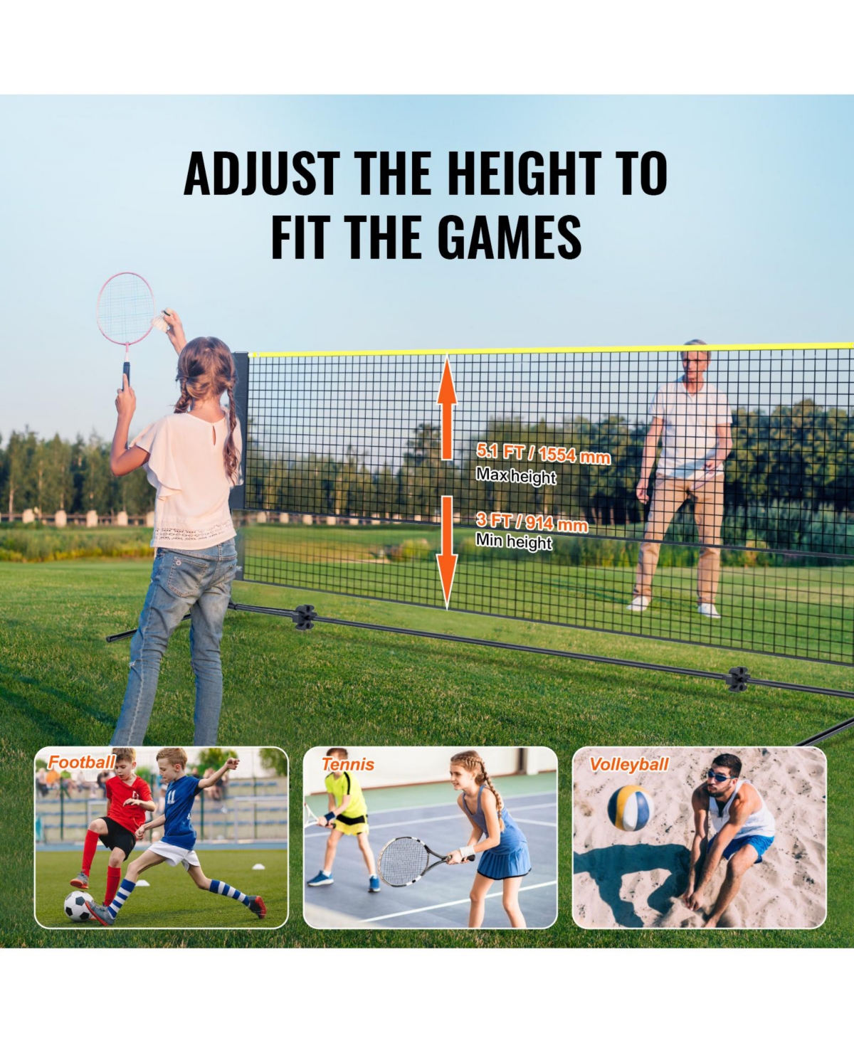 Sugift Foldable Height Adjustable Multi-Sport Net Set with Poles Stand and Carry Bag