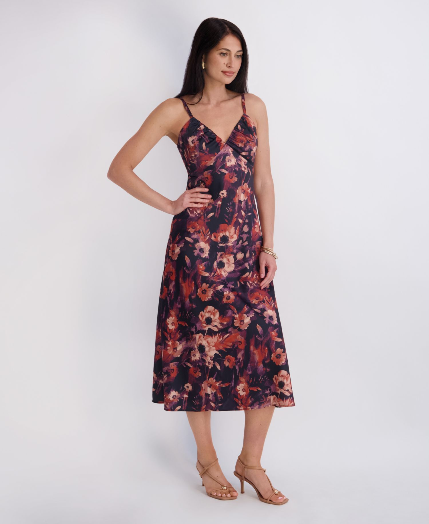 Women's Printed Satin Sleeveless V-Neck Maxi Dress
