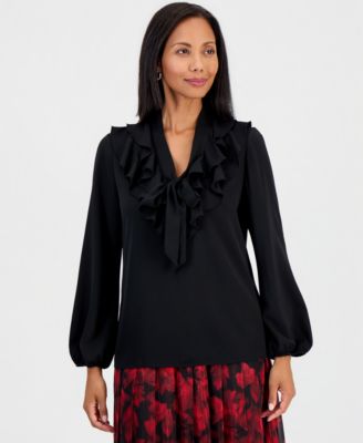 Women's Ruffle-Neck Tie-Front Long-Sleeve Blouse