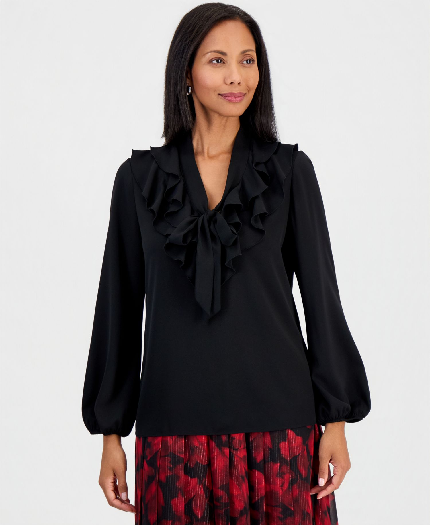 Women's Ruffle-Neck Tie-Front Long-Sleeve Blouse