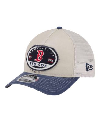 Men's Light Beige/Navy Boston Red Sox Frayed M-Crown A-Frame 9FORTY Trucker Adjustable Hat