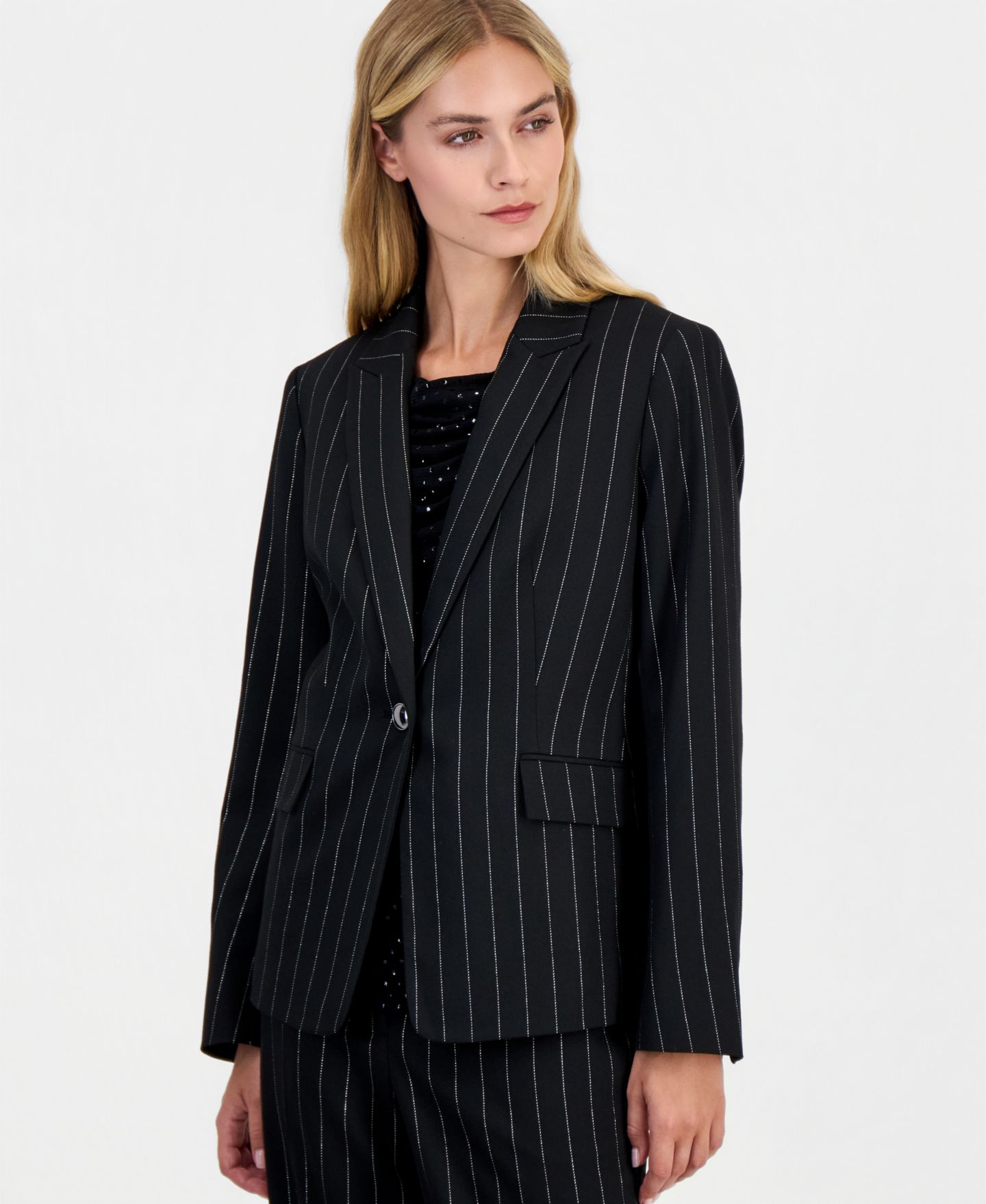 Женский пиджак Kasper Pinstripe One Button Slant Pocket Blazer, цвет: Чёрный / Серебряный — фото 1
