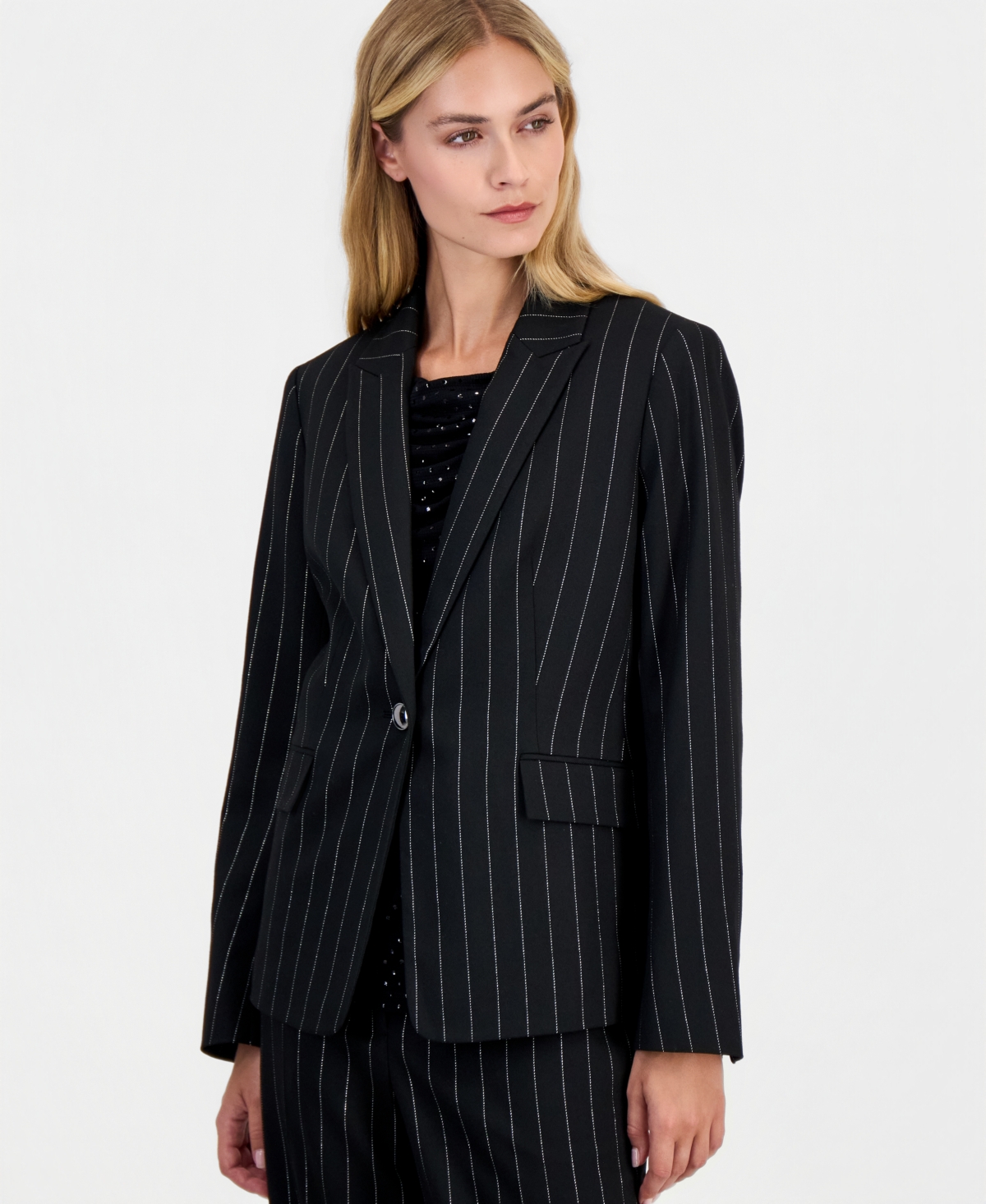 Kasper Women's Pinstripe One Button Slant Pocket Blazer - Black/silver