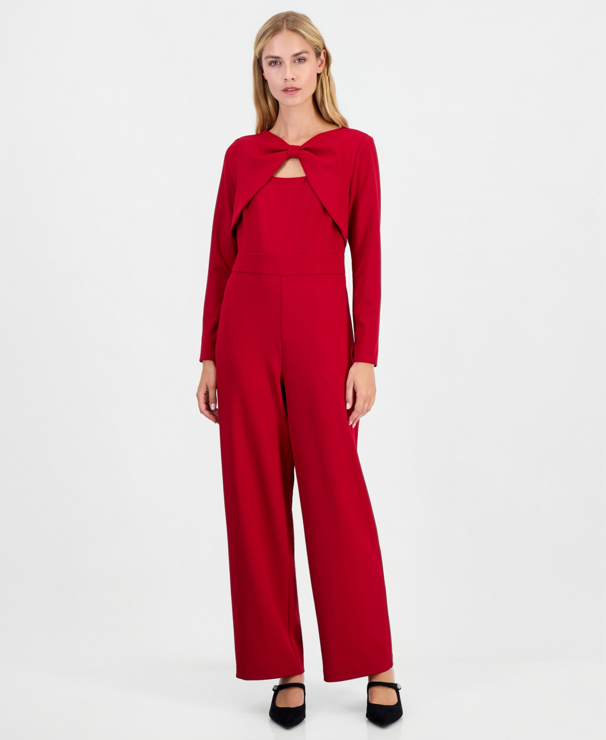 Kasper Women's 3/4-Sleeve Bow-Front Wide-Leg Jumpsuit