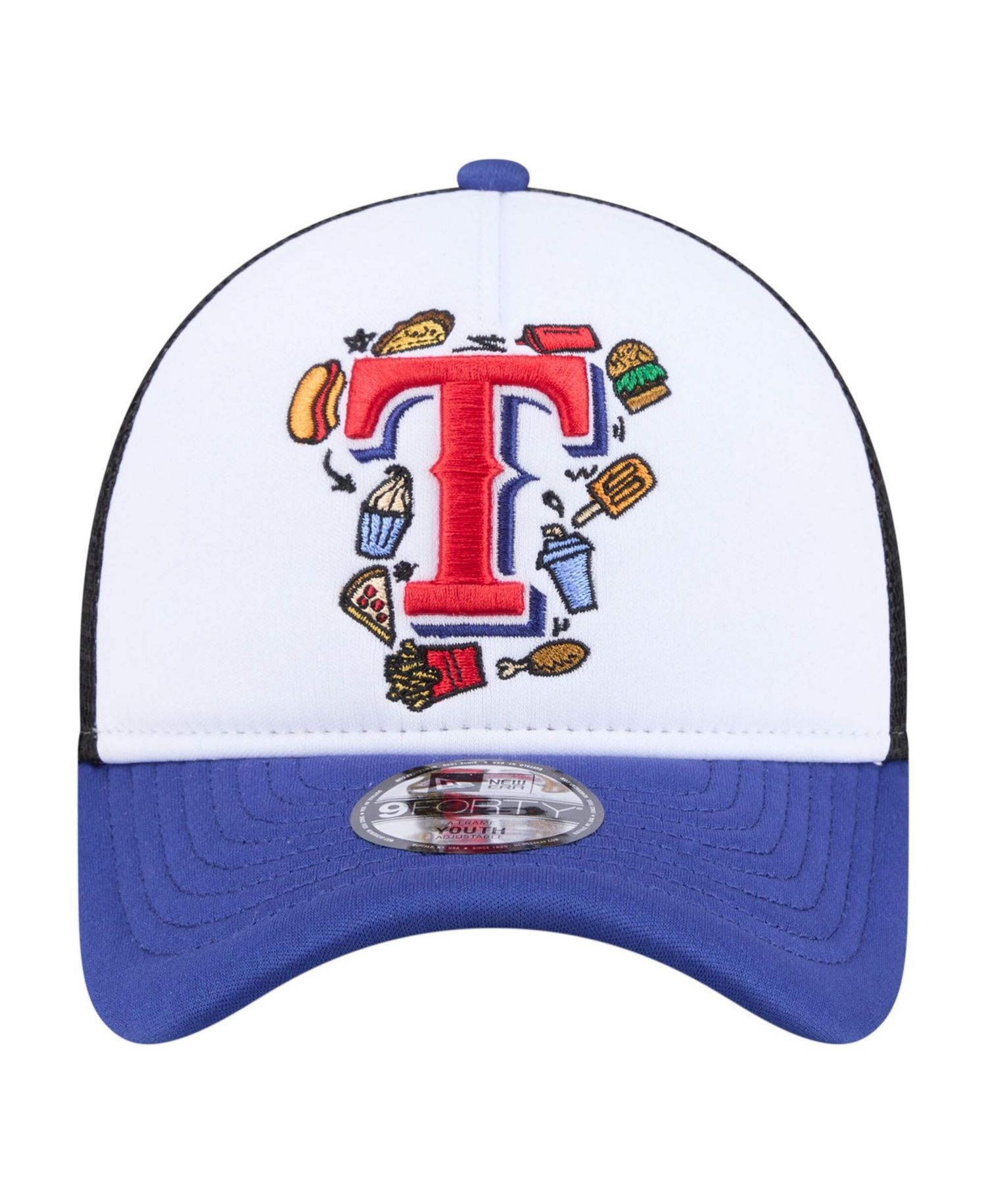 Big Boys and Girls White/Royal Texas Rangers Food A-Frame 9FORTY Trucker Adjustable Hat