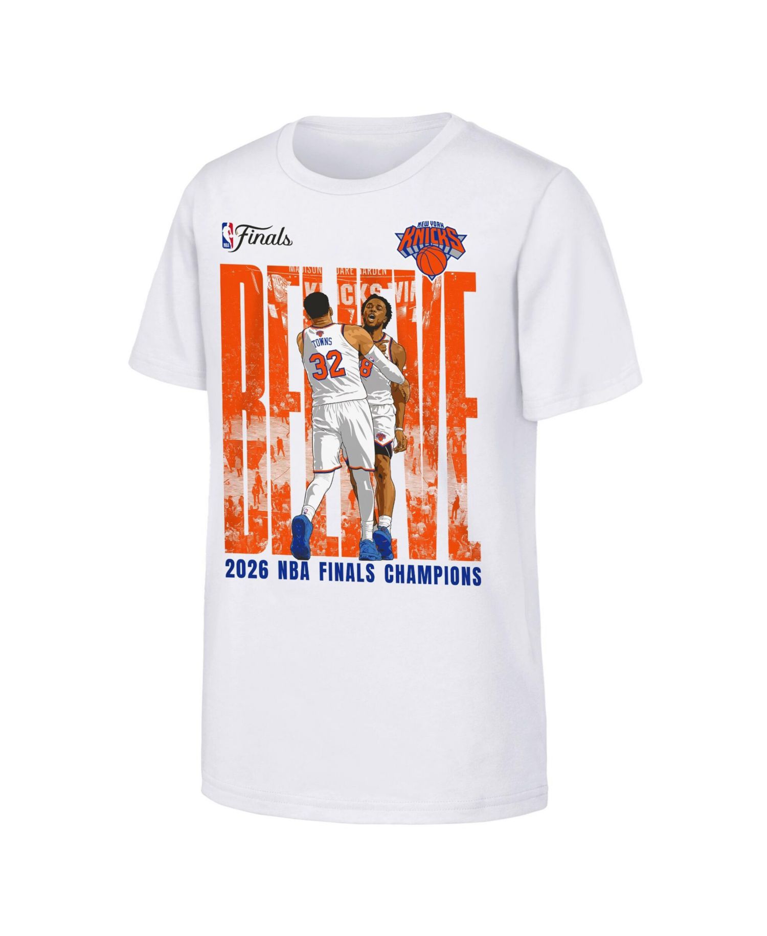 Big Boys and Girls OG Anunoby Karl-Anthony Towns White New York Knicks 2026 NBA Finals Champions Believe T-Shirt