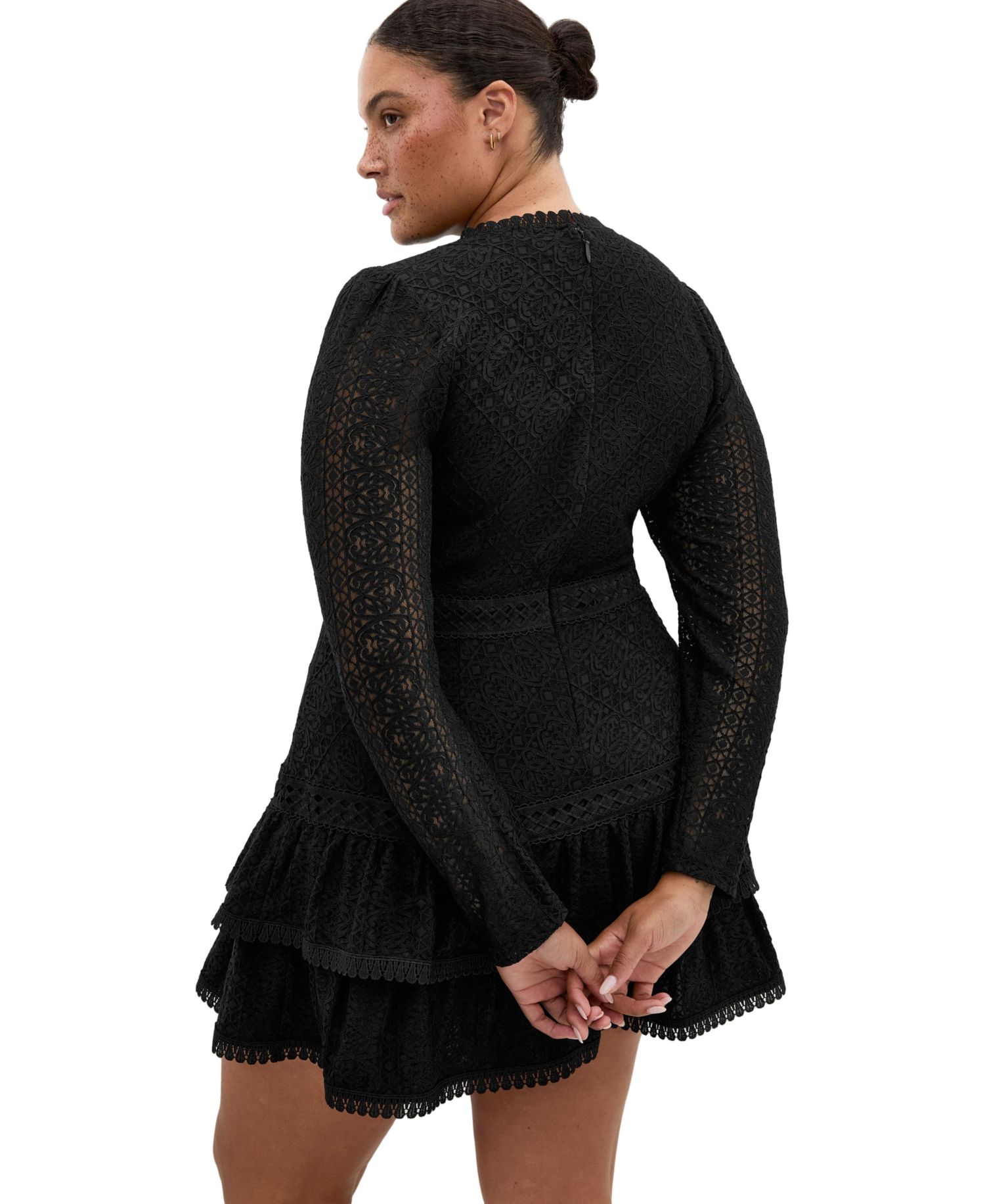 Plus Size Gabriella Long-Sleeve Lace Tiered Mini Dress