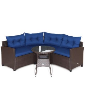 4 Piece Outdoor Rattan Conversation Set with Round Glass Coffee Table and 3 Connected Sofas