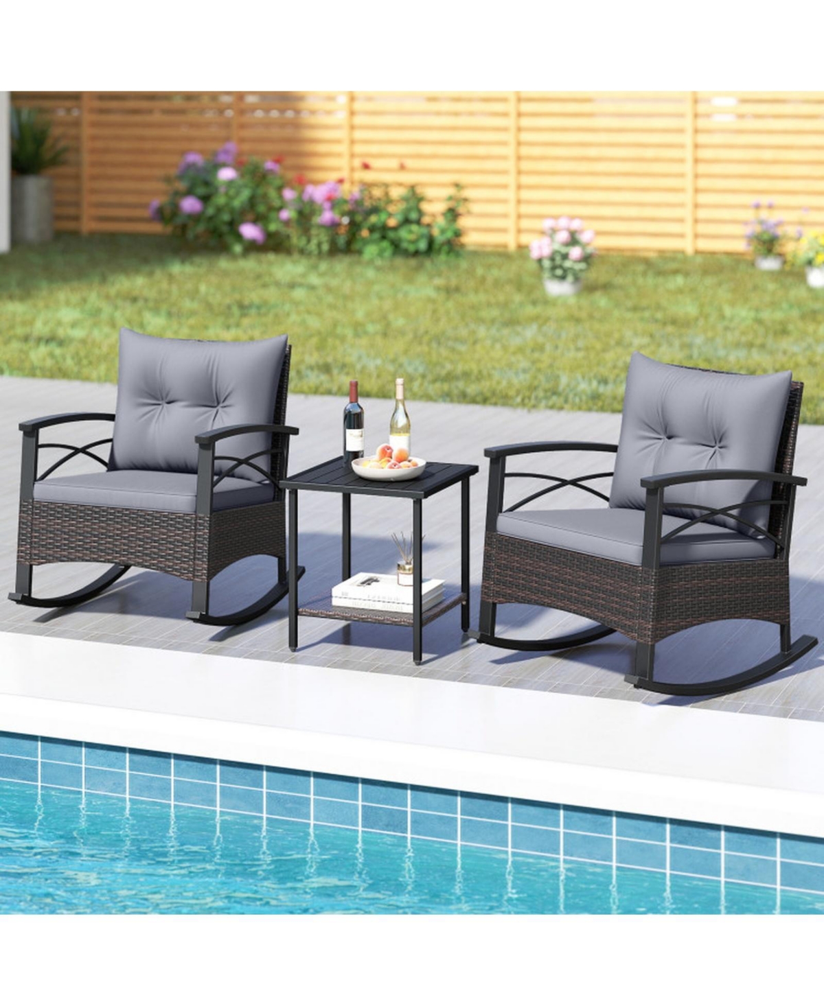 Gouun 3 Piece Outdoor Rocking Bistro Set with Pe Wicker Rocker Chairs and Acacia Wood Top Table