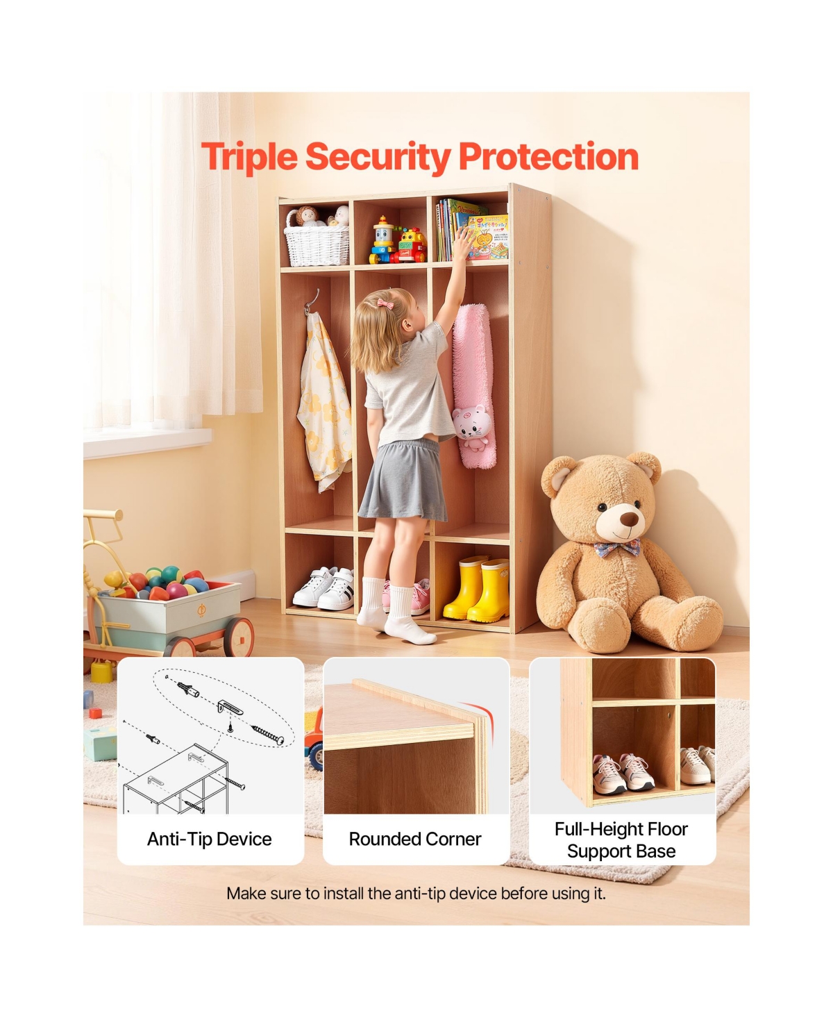 Sugift 3-Section Kids Wooden Coat Locker Cubby Organizer with 6 Hooks and Non-Slip Mat