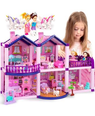 Princess Castle Dollhouse with Princess Dolls, Unicorns, Dog, and Furniture, 25.5" x 8" x 13", Ages 3+