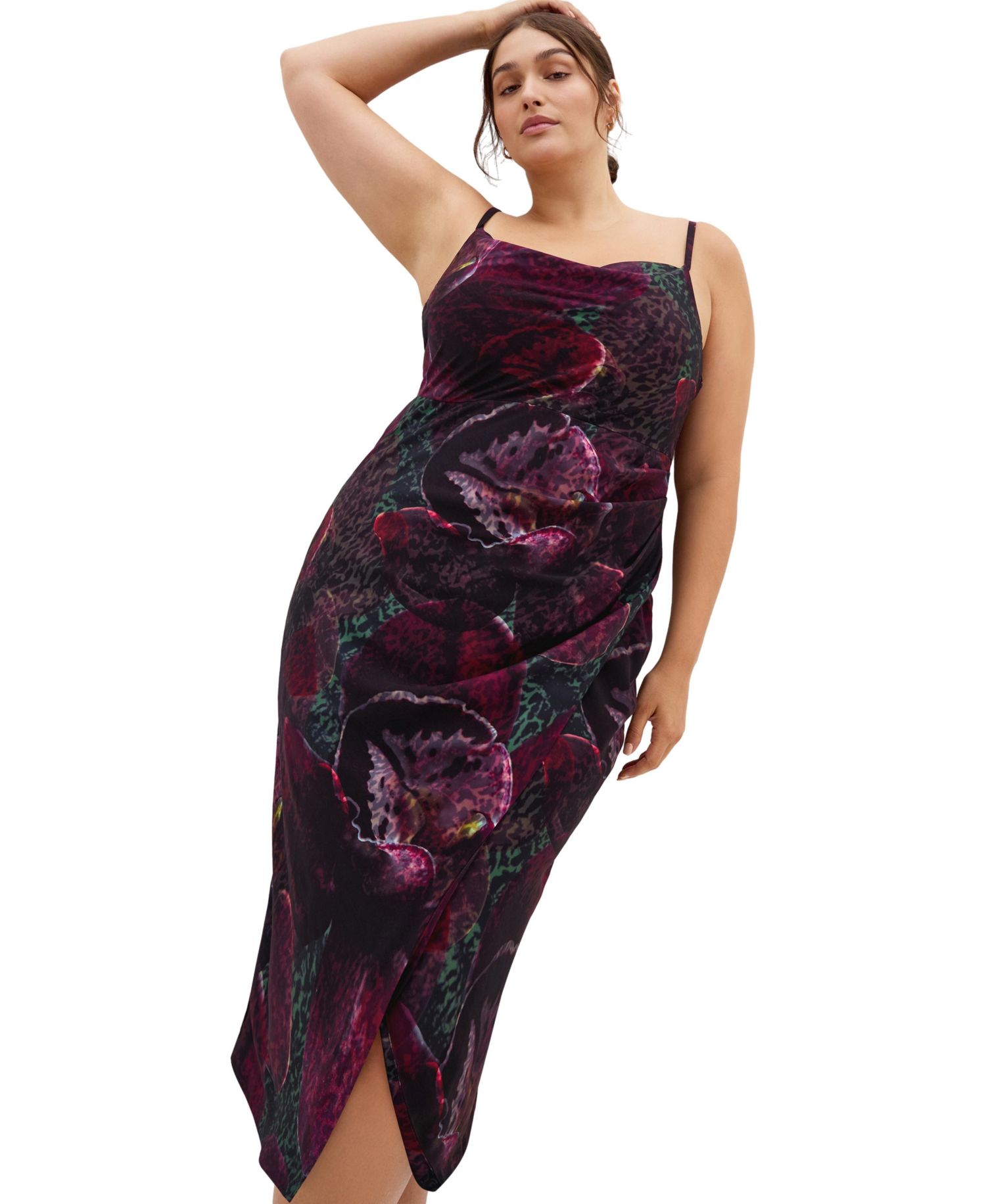 Plus Size Marisol Orchid Print Cowl Neckline Midi Dress