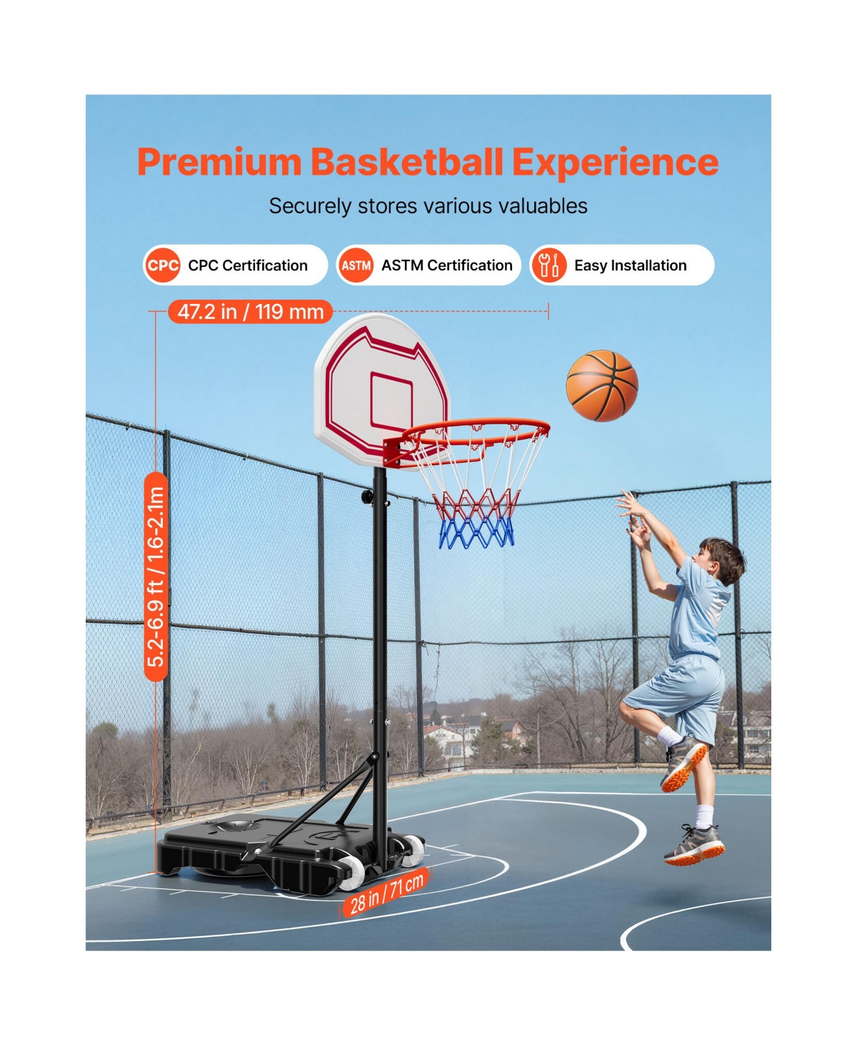 Hongge Kids Portable Basketball Hoop 28 in Backboard Adjusting 5.2 to 6.9 ft with Rolling Wheels for Patio and Poolside