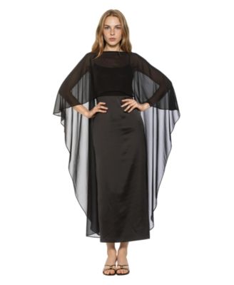 Women's Cape-Sleeve Chiffon Overlay Boat Neck Satin Gown
